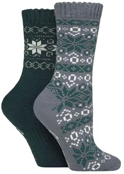 Jeep Women’s 2 Pairs Fair Isle Thermal Boot Socks – Brushed Terry-Loop Interior, Thick Cushioned, Warm & Breathable with Soft Top Cuff, Outdoor Winter Comfort, Size UK 4–8 Forest/Slate