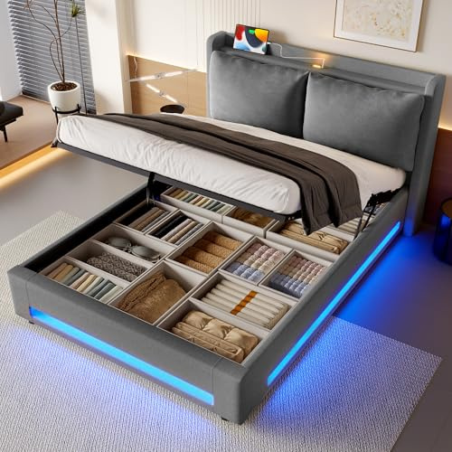 Yihomfy Polsterbett mit Stauraum aus Samt, 140x200 cm Grau, Stoffbett mit Bettboxen & abnehmbarem Kopfkissen, Modernes Doppelbett Stauraumbett Funktionsbetten Bettgestell, Inkl. Lattenrost