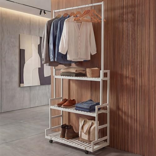 Mendler Bambus Standgarderobe HWC-Q33, Garderobenständer Kleiderständer Schuhregal, Stange 3 Ablagen Rollen 175x93x38cm - weiß