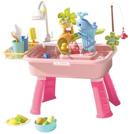 Guohetuk Spieltisch Spielset mit Wasser Und Sand, Komplett mit Küchenzubehör, Abnehmbaren Beinen, Wasserumwälzung, Spülmaschinenfestem Spiel, Rosa