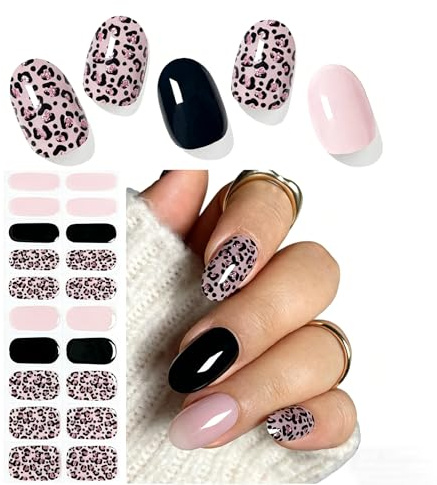 Semi Cured Gel Nail Strips, Pink Leopard Print Gel Nail Wraps, Black and Blush Pink Glossy Nail Stickers for UV/LED Lamp, Easy Apply, Long Lasting, DIY Manicure