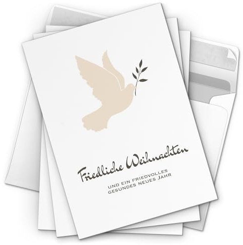 Einladungskarten Manufaktur Hamburg 10 moderne Weihnachtskarten mit Umschlag, Motiv Friedenstaube (beige, weiss) im Postkarten Format/Weihnachten
