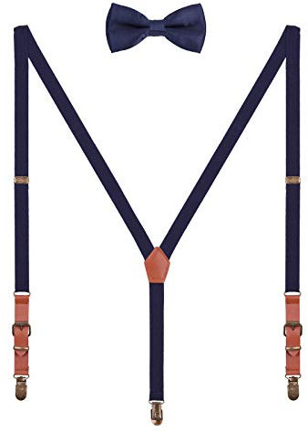 WANYING 2cm Hosenträger Fliege Sets | Retro PU Leder 3 Messingartige Clips Y Form Hosenträger Elastisch Verstellbar für Körpergröße 140-190cm - Dunkelblau