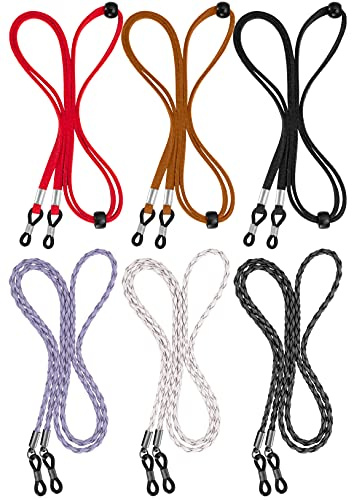 BILIONE Eyeglass Strap, 6 Pcs 2 Styles Premium Leather Glasses Holder Chain, Multicolor Eyewear Retainer for Women Men
