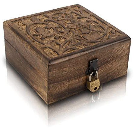Handgefertigte dekorative Schmuckschatulle aus Holz mit Eulen-Schnitzerei & Schloss & Schlüssel, Schmuck-Organizer, Andenken, Schatztruhe, Schmuck-Halter, Uhren-Box, Aufbewahrungsschloss, 13 x 13 cm