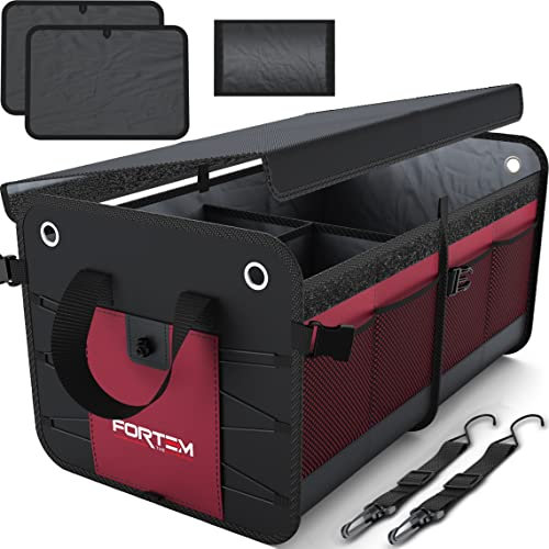 FORTEM Car Boot Organiser, Car Boot Tidy, Car Boot Storage, Collapsible Multi Compartment Car Organiser, Non Slip Bottom, Adjustable Securing Straps, Soft Cover (2 Compartments, Red)