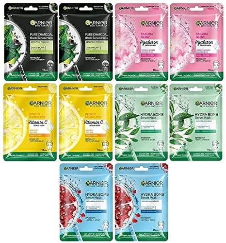 Garnier Skin Naturals, Face Mask Set, Hydrating, Pore Reducing, Brightening, and Enhances Glow, Hydra Bomb Serum Mask & Black Serum Mask, 5 pcs, 140g (Flavour)