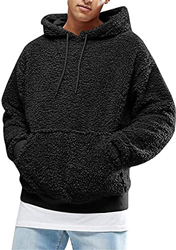 ASKSA Hoodie Herren Kapuzenpullover Teddy Fleece Plüsch Hoodie Sweatshirts Oversized Pullover mit Taschen (Schwarz,XL)