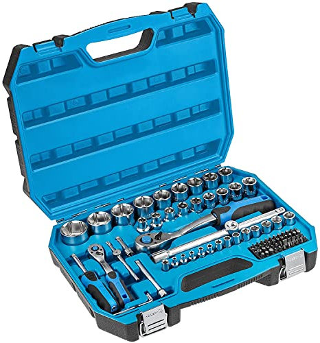 Högert Technik - Werkzeugset I Steckschlüssel, Bits und Zubehör I 1/4” und 1/2” I Legiertem Cr-V-Stahl I Gesenkgeschmiedet I Ratschenmechanik mit 72 Sperrklinken I HT1R424-89-tlg