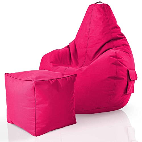 Green Bean 2er Set Sitzsack + Hocker - fertig befüllt - robust waschbar schmutzabweisend - Kinder & Erwachsene Bean Bag Bodenkissen Lounge Sitzhocker Relax-Sessel Gamer Gamingstuhl Pouf - Pink
