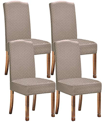 KELUINA Stretch Wasserabweisende Twill Jacquard Esszimmer Stuhlhussen Home Decor, Stuhlhussen für Esszimmerstühle Restaurant Hotel Zeremonie (Kamel,4 Stück)
