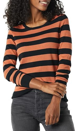 Amazon Essentials Women's Long-Sleeve Lightweight Crewneck Jumper (Available in Plus Size), Black Caramel Rugby Stripe, M