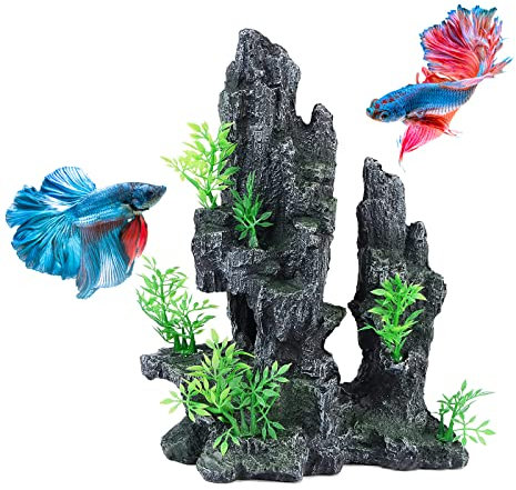 Mairuker Large Aquarium Mountain View Moss Tree Rock Cave Decor,11.02 inches Tall Aquarium Decorations with Small Artificial Plants, Fish Tank Stone Ornament for Betta Pleco Shrimp Hideaway Rest, Play