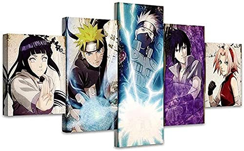 QZWXEC® Naruto Kakashi Sasuke Anime imprimé Tableau Multi Panneau 5 Parties Tableau Murale Impression sur Toile Intissee 5 Parties Abstrait Chambre Salle Décoration Moderne 100x55cm avec Cadre