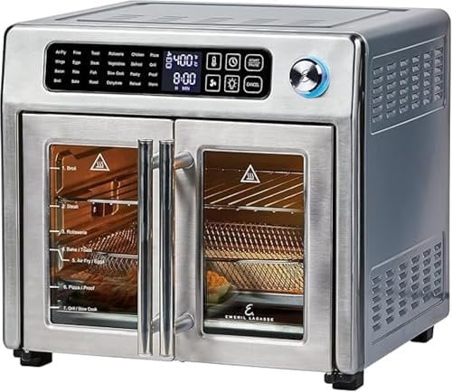 Emeril Lagasse Friteuse à air comprimé extra large, 24 fonctions de cuisson et commandes numériques, 7 accessoires inclus, finition en acier inoxydable, capacité de 26 l