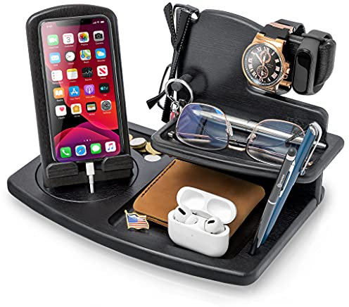 Teslyar Gifts for Men Wood Rotating Phone Docking Station Key Holder Wallet Stand Watch Organizer Men Gift Husband Wife Anniversary for Dad Birthday Nightstand Male Idea Gadgets Ash (Black)