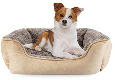 JOEJOY Hundebett Hundekorb Waschbar Hundekörbchen rutschfeste Hundebetten Flauschig Hundematratze mit Erhöhte Ränder Weiches Hundesofa für Kleine Hunde Katzen M(63x53x20cm) Beige
