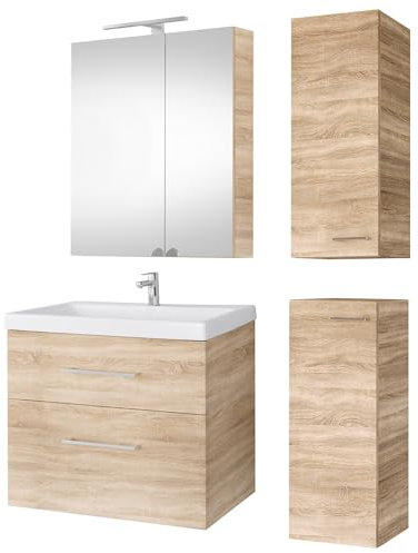 Planetmöbel Badmöbel Set Waschtisch mit Unterschrank 63 x 60 x 36,5 cm, Spiegelschrank 60 cm mit LED-Leuchte (schwarz matt) & Steckdose, inkl. 2X Midischrank, Moderne Badezimmer Möbel, Sonoma Eiche