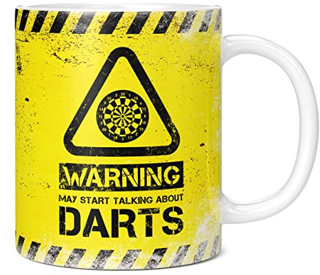 Mug Monster - Warning May Start Talking About Darts Funny Gift Mug - Ceramic Coffee Cup, Gift for Men or Women, Extra Large and Giant Available, 11oz White