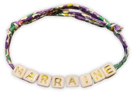 bracelet fil cordon Liberty lettre doré carré marraine - taille femme fille - bracelet fait main en coton bio - annonce grossesse à vos proches - choix du fil parmi 17 couleur