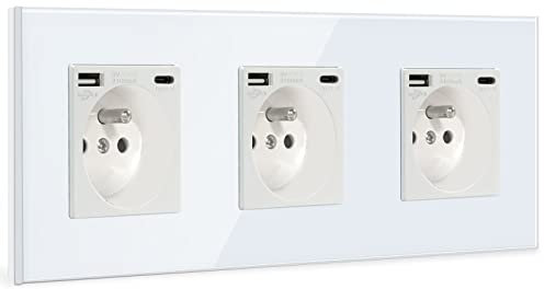 BSEED Triple Prise Murale avec USB et 1 Type C,16A Prise de Courant Alternatif avec Panneau en Verre,Multiprise Murale Max 2.1A,Convient au Smartphone, à la Tablette (3 Prise avec USB et Type C,Blanc)