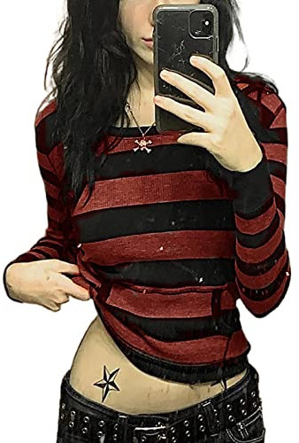 Women Striped Y2k Long Sleeve Crop Top Ribbed Aesthetic Grunge T Shirt Vintage Slim Harajuku Shirts 90S Trendy Blouse (Dark Red#2, S)