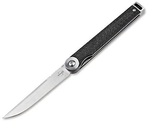 BÖKER PLUS® Kaizen Carbon Fiber S35VN - Tanto Taschenmesser japanisch - Gentleman Messer mit Flipper Klinge - leichtes EDC Klappmesser mit schwarzem Kohlefaser Griff -Einhandmesser mit Clip & Etui