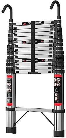 4.4M Telescopic Ladder 14.5FT Stainless Steel Extension Ladder with Removeable Hook for Outdoor Indoor Activities 150kgs Capacity EN131