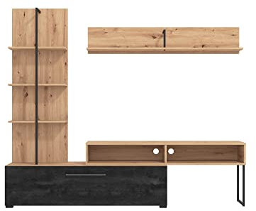 AVANTI TRENDSTORE Evo - Moderna parete da soggiorno in legno laminato in stile quercia Artisan/nero, perfetta per ogni salotto. Dimensioni: LAP 205,5x173x41,5 cm