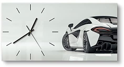 DEQORI Glasuhr | vertikal 60x30 cm | Motiv Sportliches Auto | große XXL Design Uhr aus Glas | leise Wanduhr für Wohnzimmer & Küche | Moderne Hingucker Uhr für die Wand