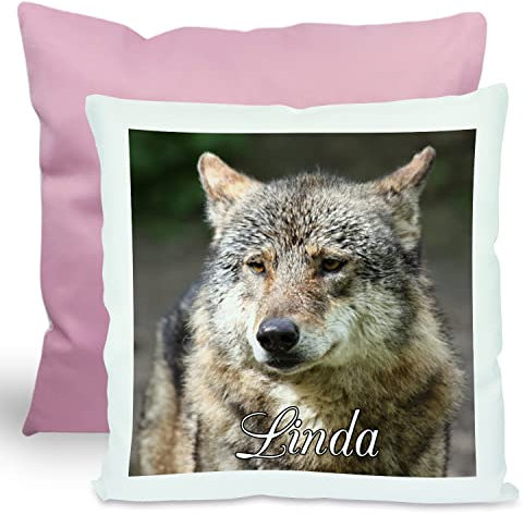 CreaDesign, Kinder Kissen 40x40 cm personalisiert mit Namen, Kinderzimmer Deko Kissen Kinder mit Füllung Federn, Motiv Wolf, Rückenfarbe Rosa