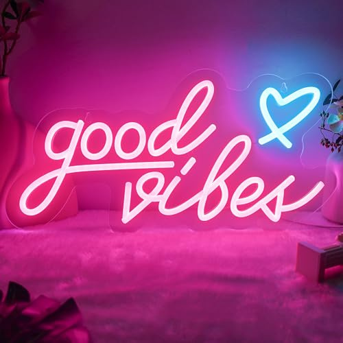 Good Vibes Neon Sign Pink with Heart,15.7''x 8'' Pink LED Lights,USB Operated Good vibes LED Sign for Bedroom, Hanging Light Up Sign for Party, Studio Bar Wall Decor, Gift for Lover