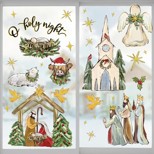 Mfault 73 Stück Weihnachten O Heilige Nacht Fensteraufkleber 4 Bögen, religiöse christliche Jesus Heiligabend Aufkleber Dekorationen 2024 Neujahr Kirche Engel Glaube Kranz Zuhause Küche Dekor Urlaub
