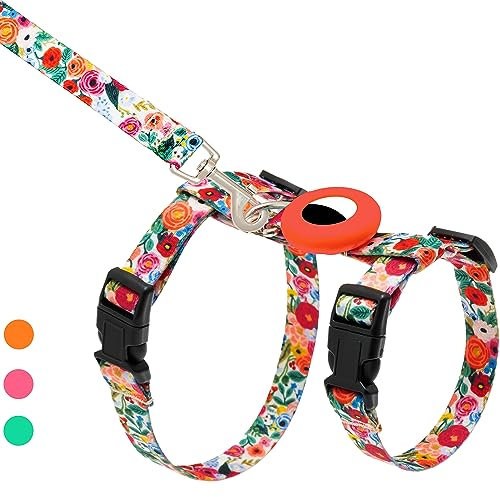 Katzengeschirr und Leine, ausbruchsicher für Spaziergänge, Reisen, Outdoor – niedliches Nylon-Blumenmuster, verstellbar, niedliches Katzengeschirr-Set mit Airtag-Halterung für kleine und große Katzen