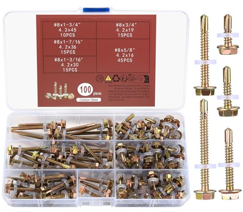 Viti Autofilettanti a Testa Esagonale, 100 Pezzi Viti Autoperforanti a Testa Esagonali con Guarnizione per Metallo/Lamiera/Legno/Plastica - M4.2x(16mm/19mm/30mm/36mm45mm)