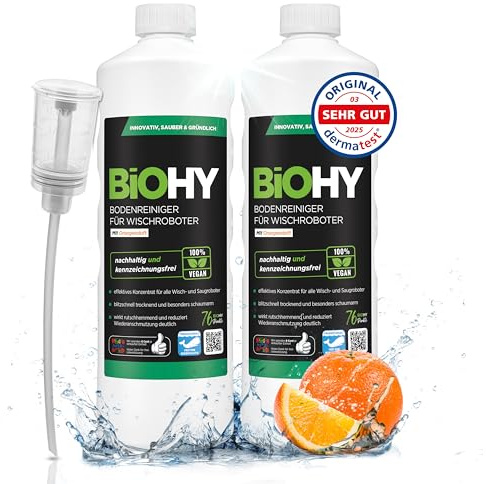 BiOHY Nettoyant pour sols pour robots de nettoyage avec parfum d'orange (2 x 1l Bouteille) + Distributeur | Concentré de nettoyant pour tous les robots de nettoyage (Wischroboter Orange)