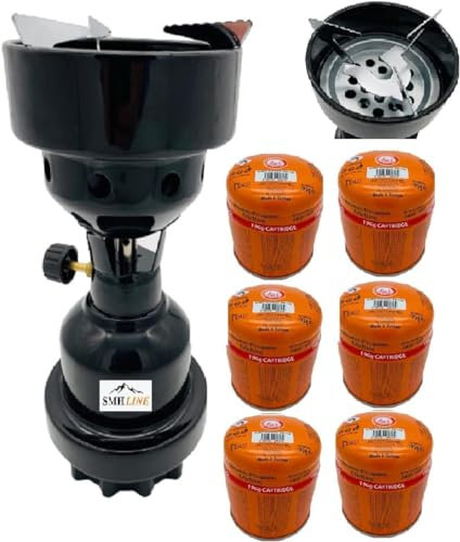 SMH LINE® Réchaud à charbon de camping + 6 cartouches de gaz de 190 g - Mélange de butane et propane - Brûleur à gaz en métal - Pour le camping et l'extérieur - Noir