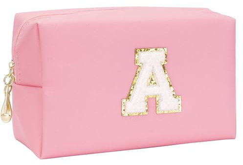 Toptime Kosmetiktasche, Tragbar Reise Make Up Tasche mit Chenille Buchstabe A, wasserdichte Kleine Schminktasche, PU Leder Niedliche Kulturtasche Damen, Make Up Organizer mit Reißverschluss (Rosa)