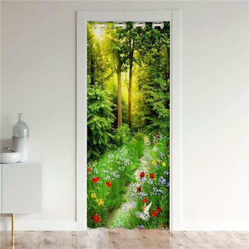 Odot Rideaux de Porte à Oeillets, Motif Forêt Rideau de Porte Interieur Occultant Rideau de Séparation de Pièce Rideau de Porte à Isolation Thermique pour Chambre (80x180cm,Plante à Fleurs)