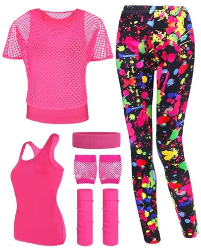 TraLxwee 80er 90er Jahre Outfit Damen, Netzshirt Damen, Tank top, Artistic Leggings, Beinwärmer, Netzhandschuhe, Stirnband, 80er Jahre Kostüm Damen Neon Party Accessoires