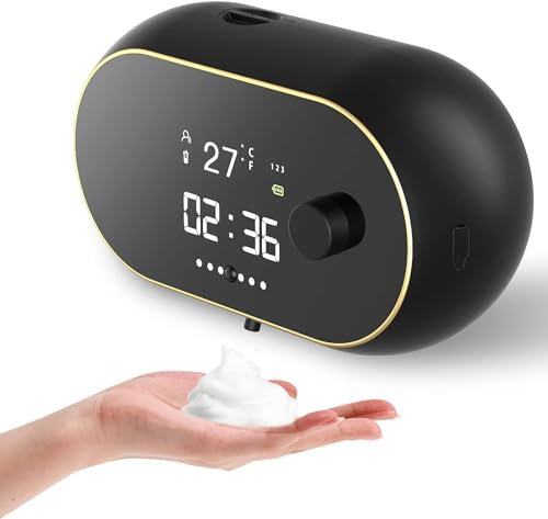 Distributeur de Savon Mousse Automatique avec Capteur sans Contact Mural et sans Perçage avec Affichage LCD Elégant et Pro pour Salle de Bains Pousse Mousse Cuisine Entreprise École (Noir)