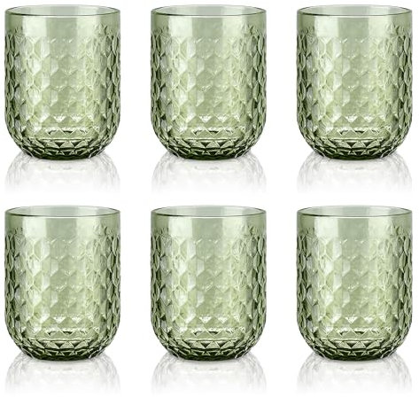 Joeyan 200ml klein Grün Trinkgläser Set von 6,Bunt Wassergläser Set mit Diamant Geprägtem Design,Vintage Gläser Set for Zuhause Restaurant Bar,Spülmaschinenfest