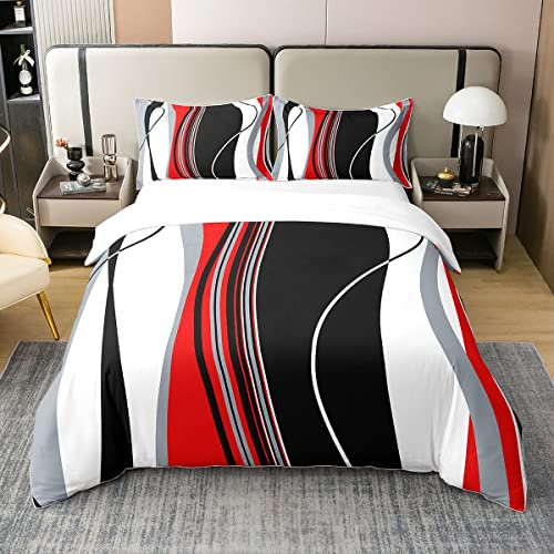 Loussiesd Rot und Grau Schwarz Weiß Baumwolle Bettwäsche Set 135x200cm Moderne abstrakte geometrische Bettbezug Set Frauen Männer Streifen Linie Muster Dekor Betten Set Weiche Baumwolle Bettwäsche