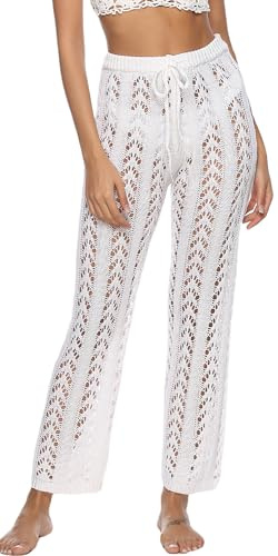 FEOYA Pantaloni Estivi all'Uncinetto da Donna Spiaggia Pantaloni Copricostume Lavorati a Maglia per Trasparente Bikini Pantaloni a Rete Svasati
