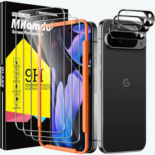 Milomdoi 3 Pezzi Vetro Temperato per Google Pixel 9 Pro XL Pellicola Protettiva Accessori con 3 Pezzi Cover Protezione Pellicola Fotocamera, Anti Graffio, Durezza 9H, Custodia Friendly