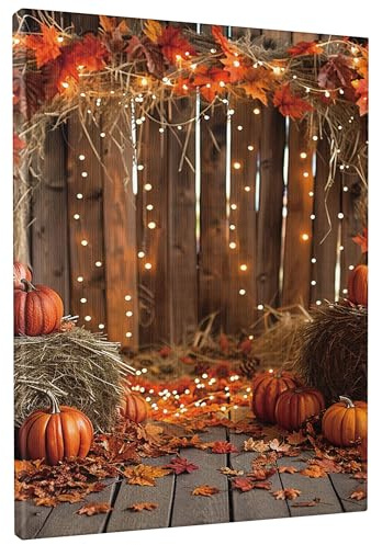 Herbsternte Kürbis Leinwand Wandkunst Braun Orange Rustikale Lichter Drucke Herbst Wandkunst Heimdekoration für Wohnzimmer Schlafzimmer Thanksgiving LED 20,3 x 30,5 cm