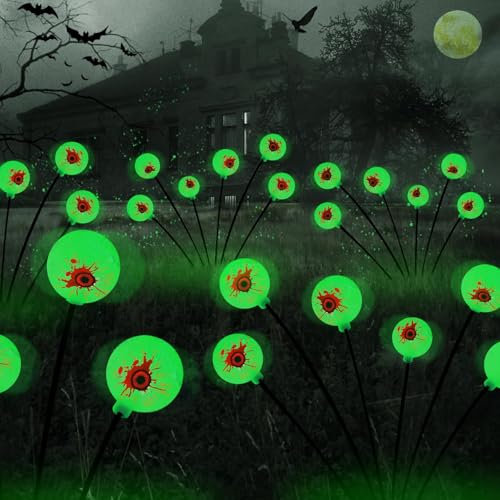 2 Stück Halloween Deko Licht Outdoor, 8 LED Augapfel Halloween LED Lichter Solar Gartenlichter Dekoration Deko Leuchtend Lichterkette Gartenbeleuchtung Solarlampen für Außen Garten