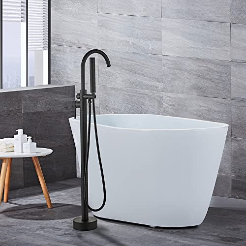 XUANYU Robinet de Baignoire au Sol avec Douchette, 2 Modes de Poignée, Autoportante Mitigeur Robinet Baignoire Ilot pour Salle de Bain, Robinets de Bain sur Pied Pivotant à 360° Noir