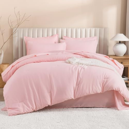 Litanika Bettwäsche-Set in voller Größe, Rosa, 7-teiliges Bett in einer Tasche, komplettes Bettwäsche-Set, solide, leichte Bettwäsche mit Bettdecke, Laken, Kissenbezügen und Kissenbezügen