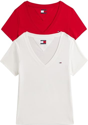Tommy Jeans Damen Tjw 2pack V-Neck Tee Dw0dw21367 S/S T-Shirt, Multi (Ecru/Sapphire Red), M EU